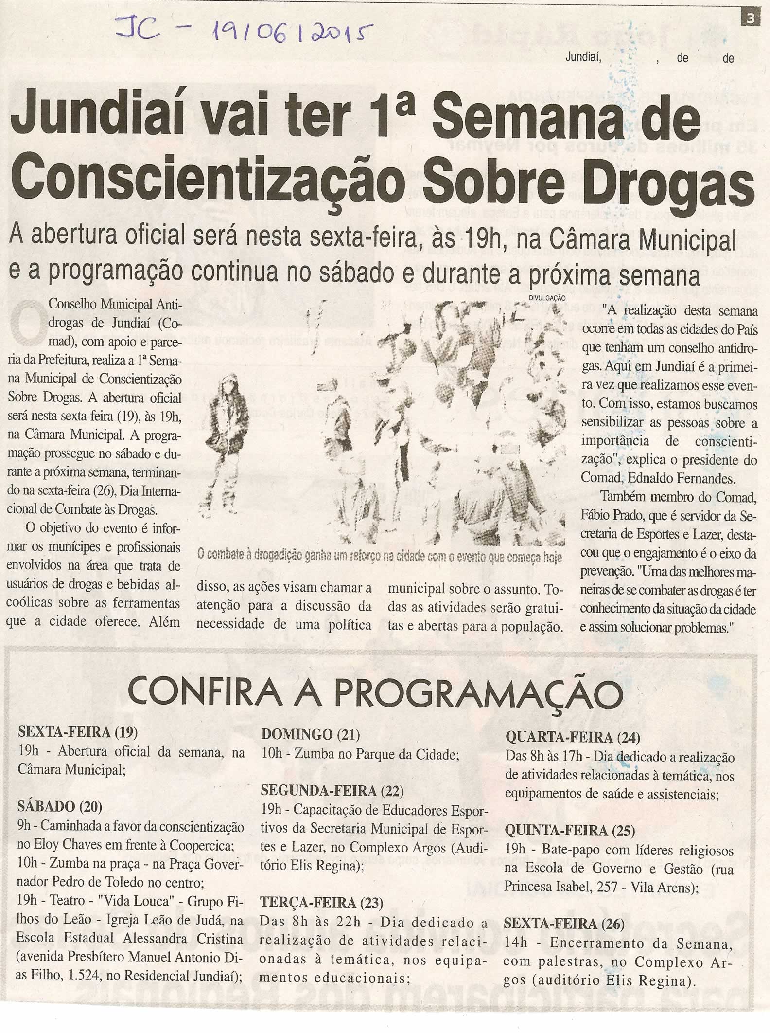 JC - 19/06/15 - pg 3 - Jundiaí vai ter 1ª Semana de Conscientização sobre Drogas -