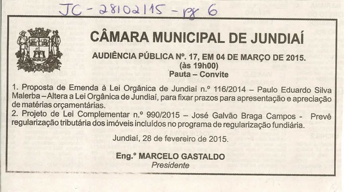 JC - 28/02/15 - pg 6 - Audiência Pública nº 17 da Câmara Municipal de Jundiaí