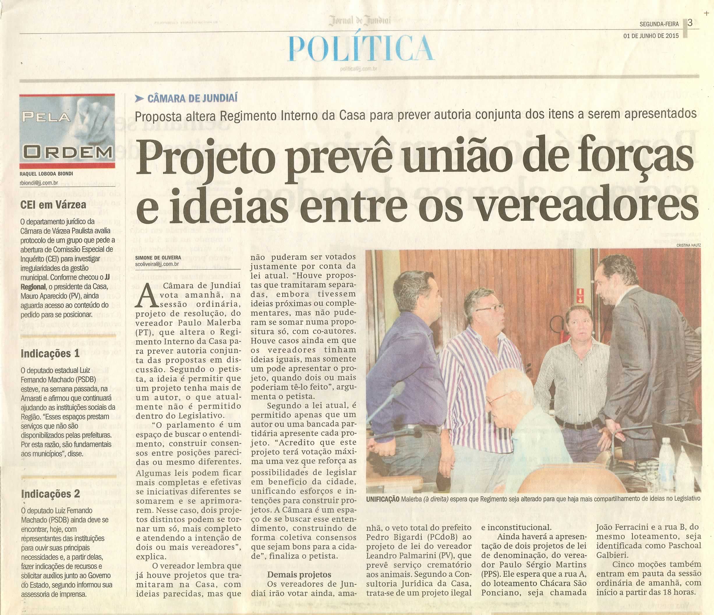 JJ - 01/06/15 - pg 3 - política - Projeto prevê união de forças e ideias entre os vereadores -