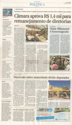JJ - 01/07/15 - pg 3 - política - Câmara aprova R$ 1,4 mi para remanejamento de diretorias - Odair milamonti é homenageado -