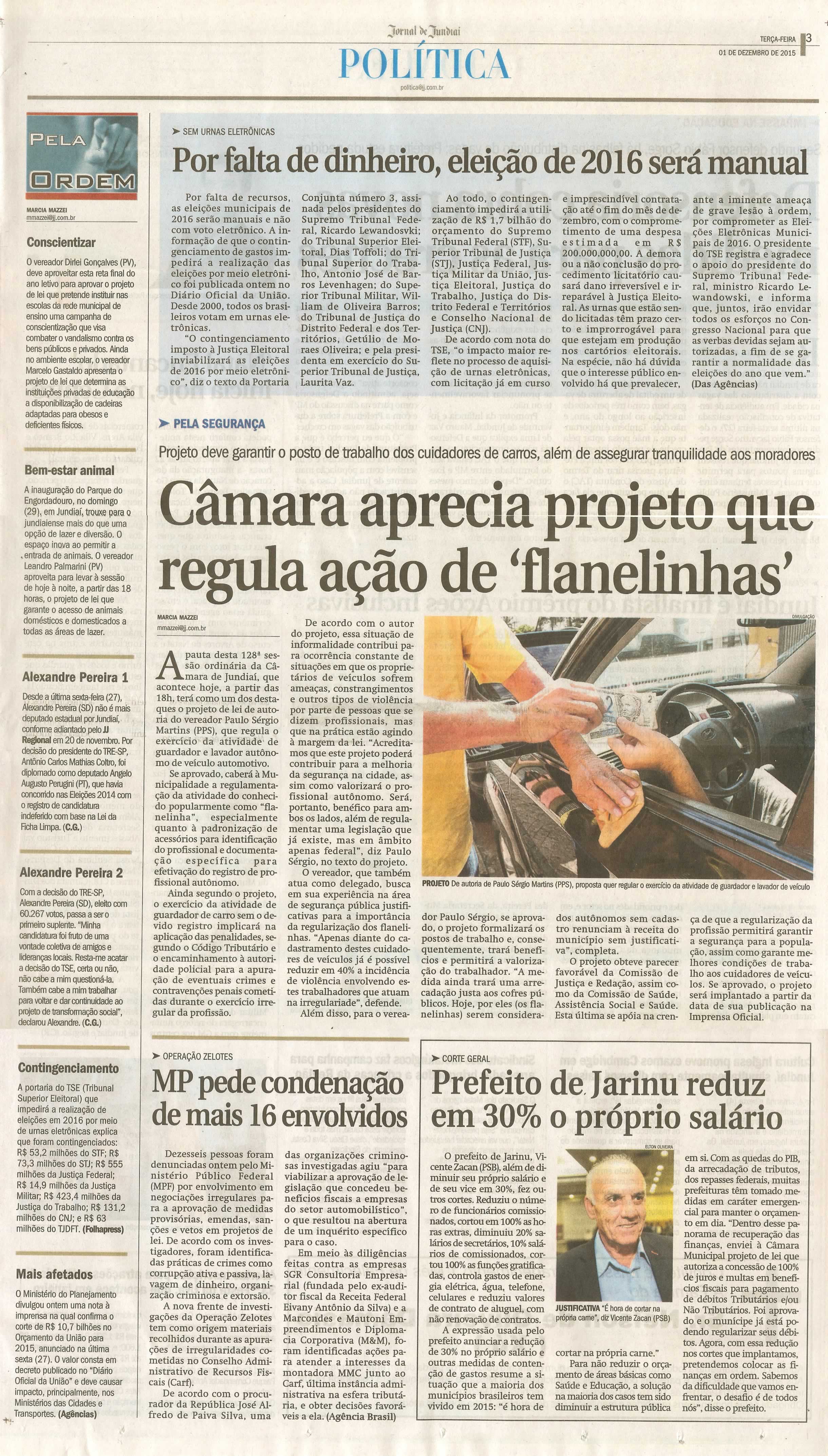 JJ - 01/12/15 - pg 3 - política - Por falta de dinheiro, eleição de 2016 será manual - Câmara aprecia projeto que regula ação de flanelinhas -