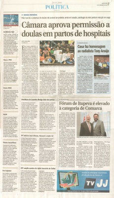  JJ - 02/09/15 - pg 3 - Política - Câmara aprova permissão a doulas em partos de hospitais - Casa faz homenagem ao radialista Tony Araújo - Pela Ordem.