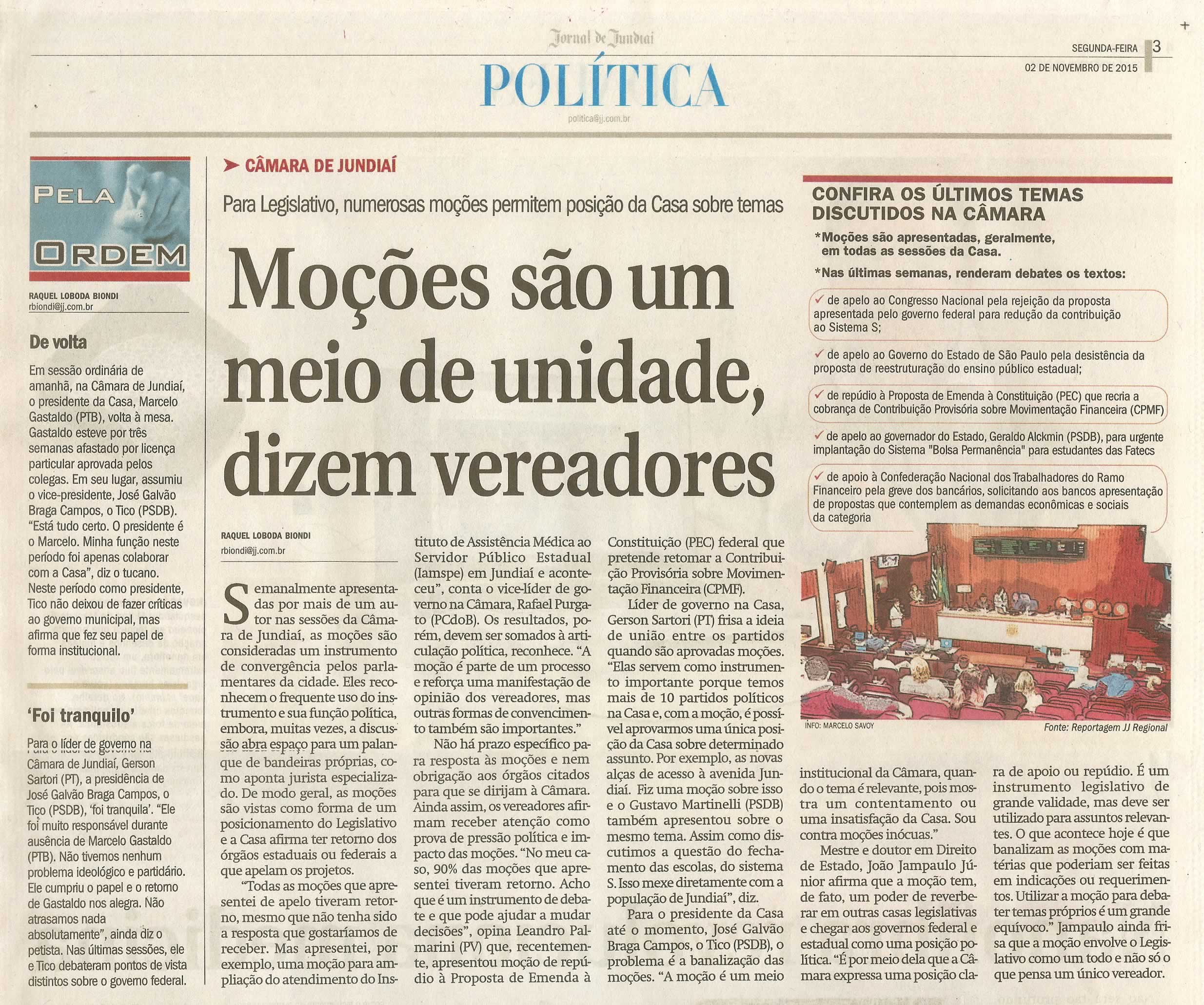 JJ - 02/11/15 - pg 3 - política - Moções são um meio de unidade, dizem vereadores -