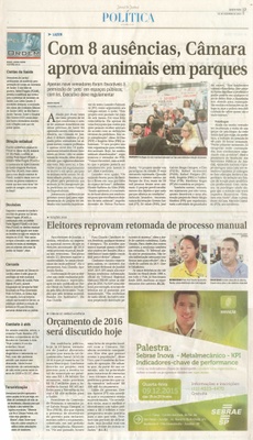 JJ - 02/12/15 - pg 3 - política - Com 8 ausências, Câmara aprova animais em parques -