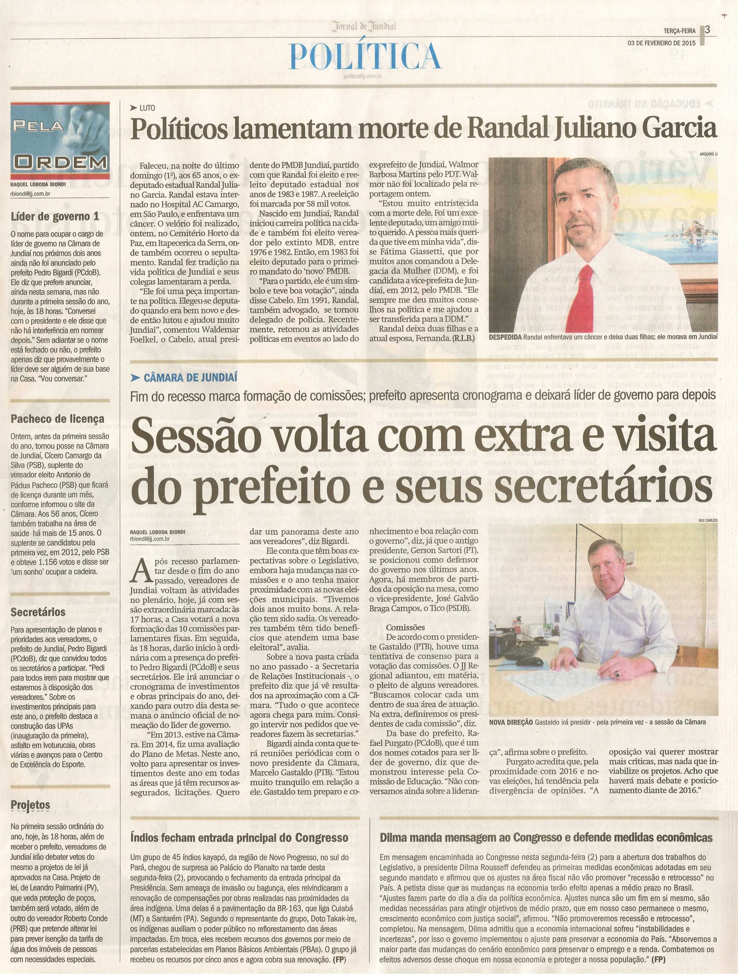 JJ - 03/02/15 - pg 3 - Política - Políticos lamentam morte de Randal Juliano Garcia - Sessão volta com extra e visita do prefeito e seus secretários -