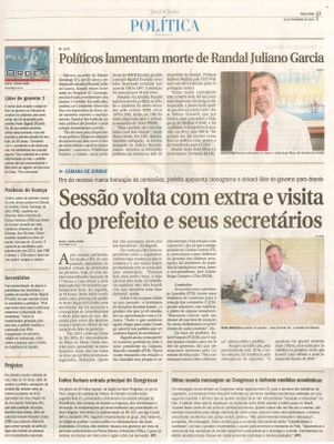 JJ - 03/02/15 - pg 3 - Política - Políticos lamentam morte de Randal Juliano Garcia - Sessão volta com extra e visita do prefeito e seus secretários -