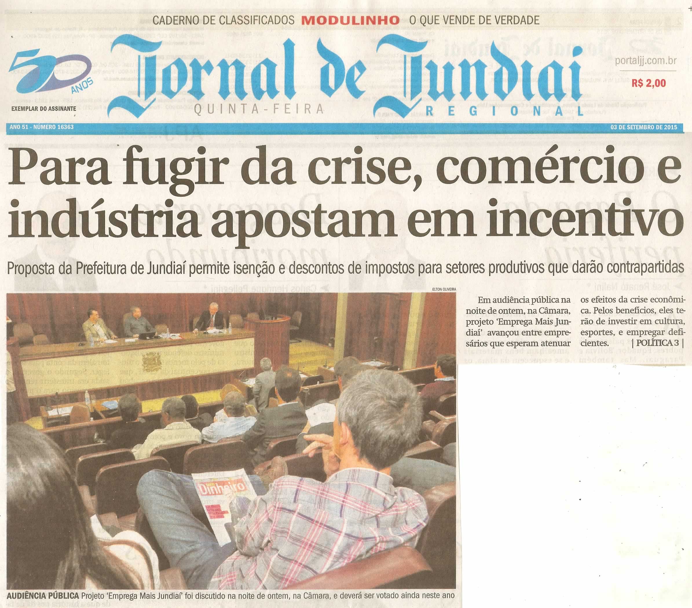  JJ - 03/09/15 - pg 1 - Para fugir da crise, comércio e indústria apostam em incentivo.