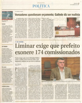 JJ - 03/12/15 - pg 3 - política - Vereadores questionam orçamento; Galindo diz ser realista - Liminar exige que prefeito exonere 174 comissionados em Louveira --
