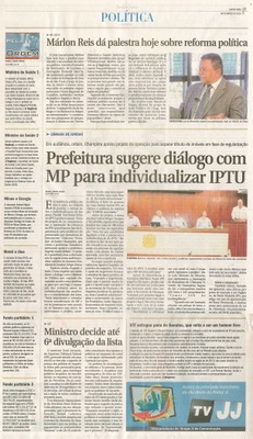 JJ - 05/03/15 - pg 3 - política - Marlon Reis dá palestra hoje sobre reforma política - Prefeitura sugere diálogo com MP para individualizar IPTU - 