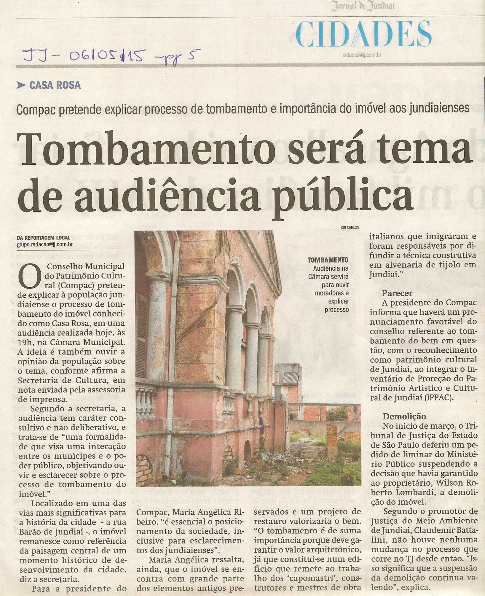 JJ - 06/05/15 - pg 5 - Cidades - Tombamento será tema de audiência pública -