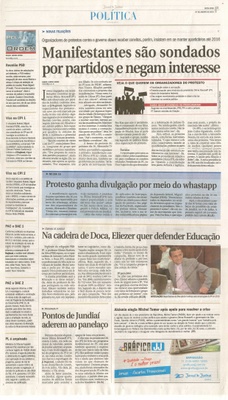 JJ - 07/08/15 - pg 3 - política - Manifestantes são sondados or tartidos e negam interesse - protesto ganha divulgação por meio do whatsapp - na cadeira de doca, eliezer quer defender a educação  -