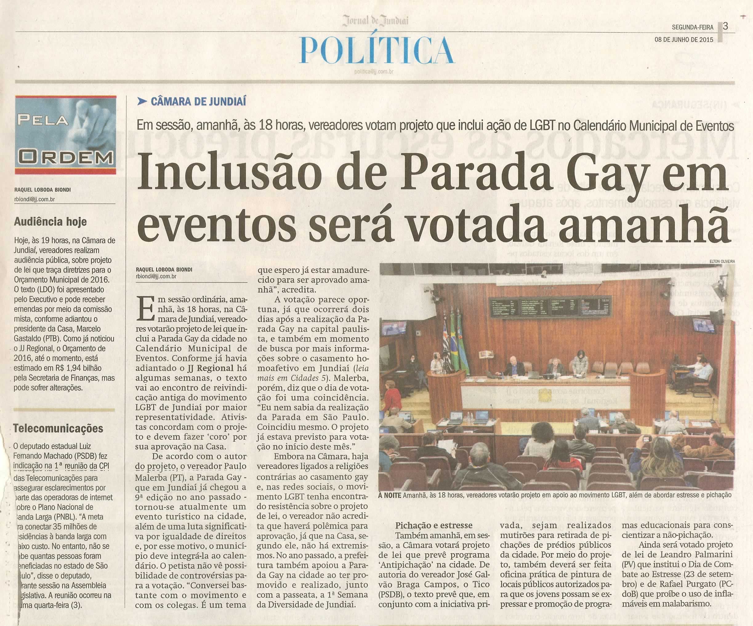 JJ - 08/06/15 - pg 3 - política - Inclusão de parada gay em eventos será votada amanhã - 