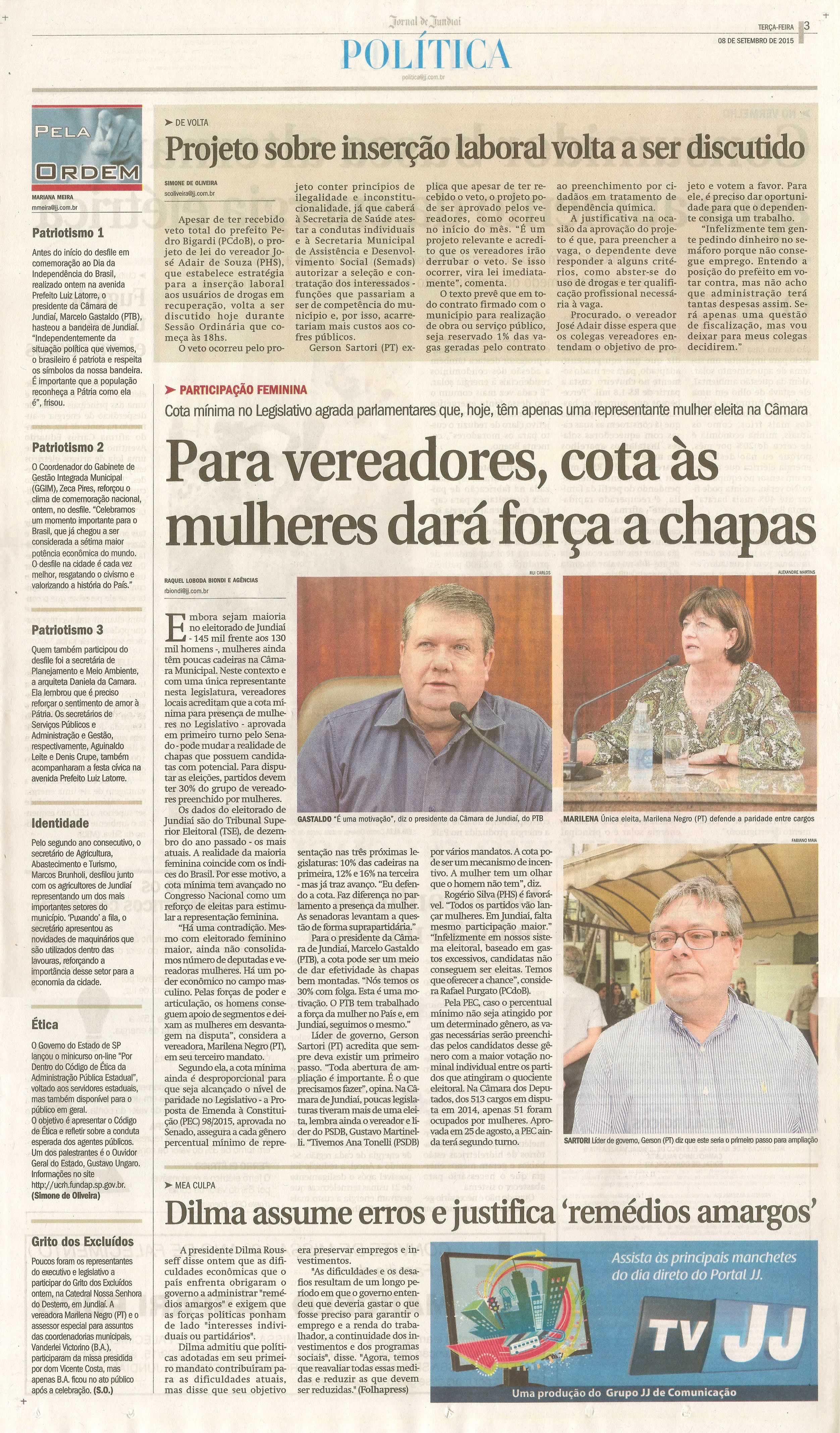  JJ - 08/09/15 - pg 3 - Política - Projeto sobre inserção laboral volta a ser discutido - Para vereadores, cota às mulheres dará força a chapas - Pela Ordem.