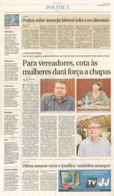  JJ - 08/09/15 - pg 3 - Política - Projeto sobre inserção laboral volta a ser discutido - Para vereadores, cota às mulheres dará força a chapas - Pela Ordem.