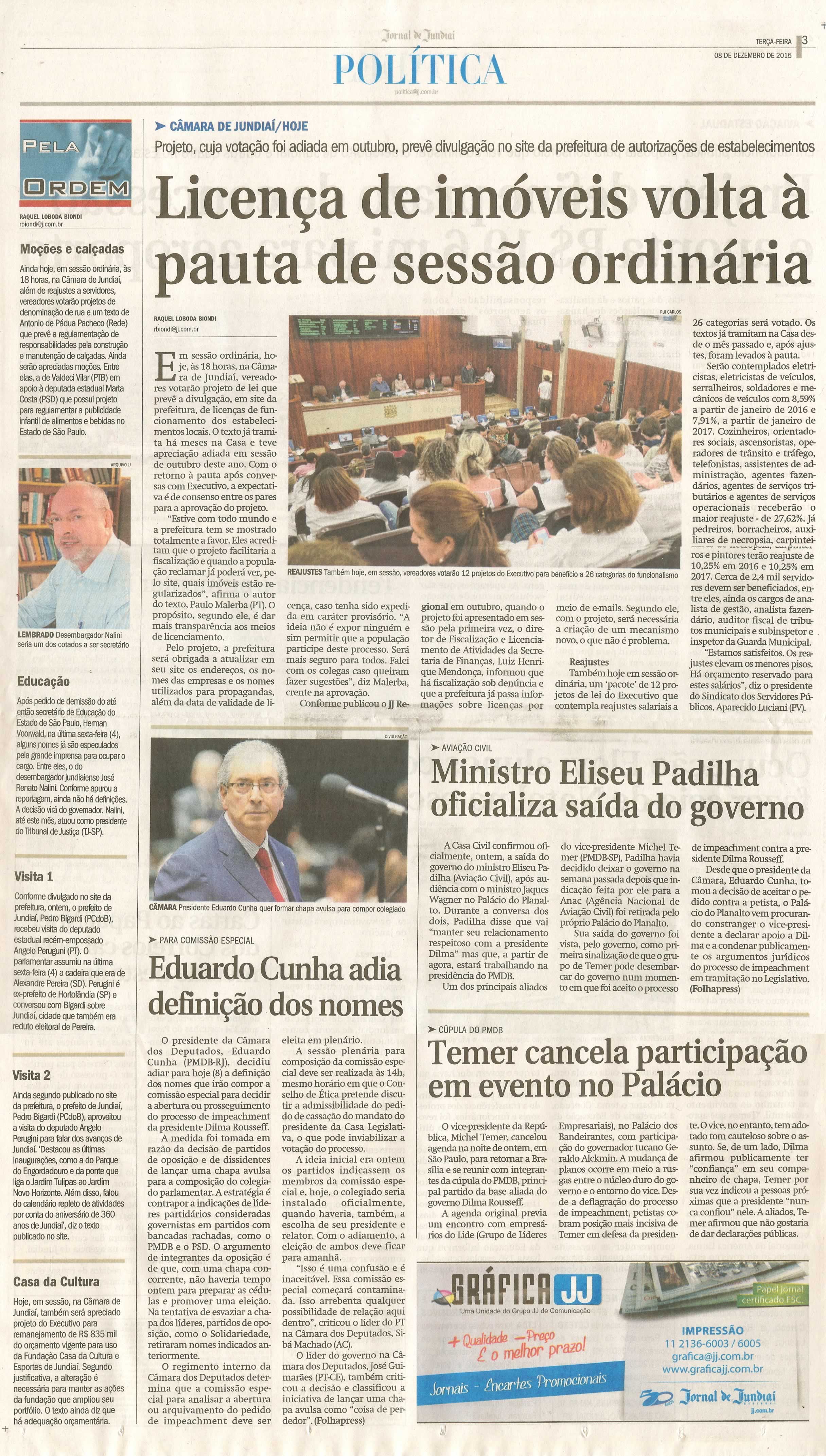 JJ - 08/12/15 - pg 3 - política - Licença de imóveis volta à pauta de sessão ordinária - 