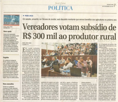 JJ - 09/11/15 - pg 3 - política - Vereadores votam subsídio de R$ 300 mil ao produtor rural -