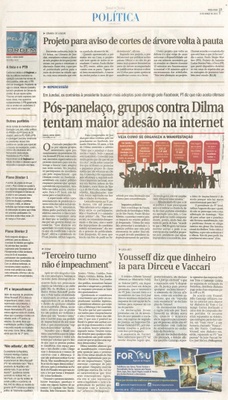 JJ - 10/03/15 - pg 3 - política - Projeto para aviso de cortes de árvore volta à pauta - Pós-panelaço, grupos contra Dilma tentam maior adesão na internet -