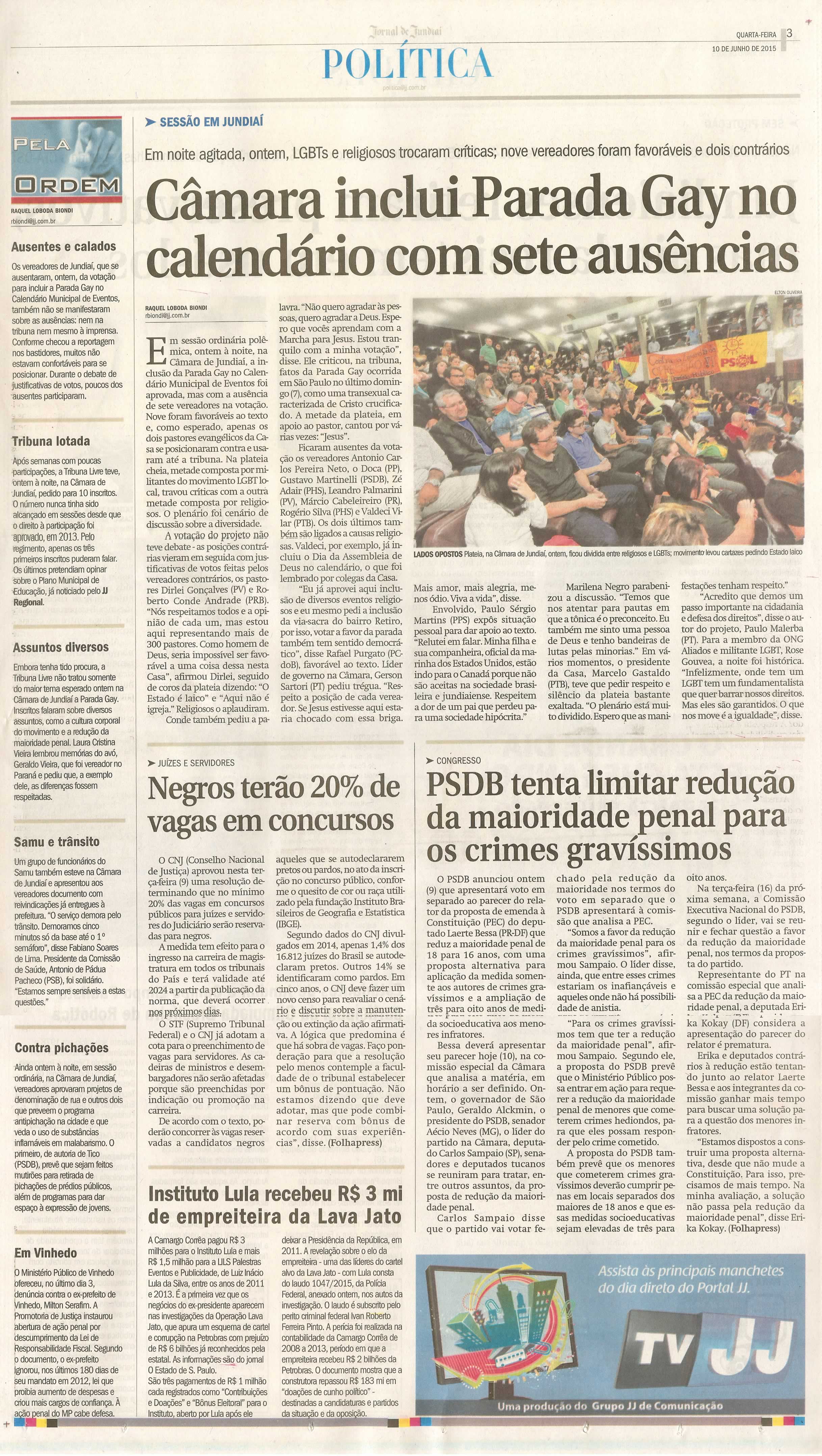 JJ - 10/06/15 - pg 3 - política - Câmara inclui Parada Gay no calendário com sete ausências - 