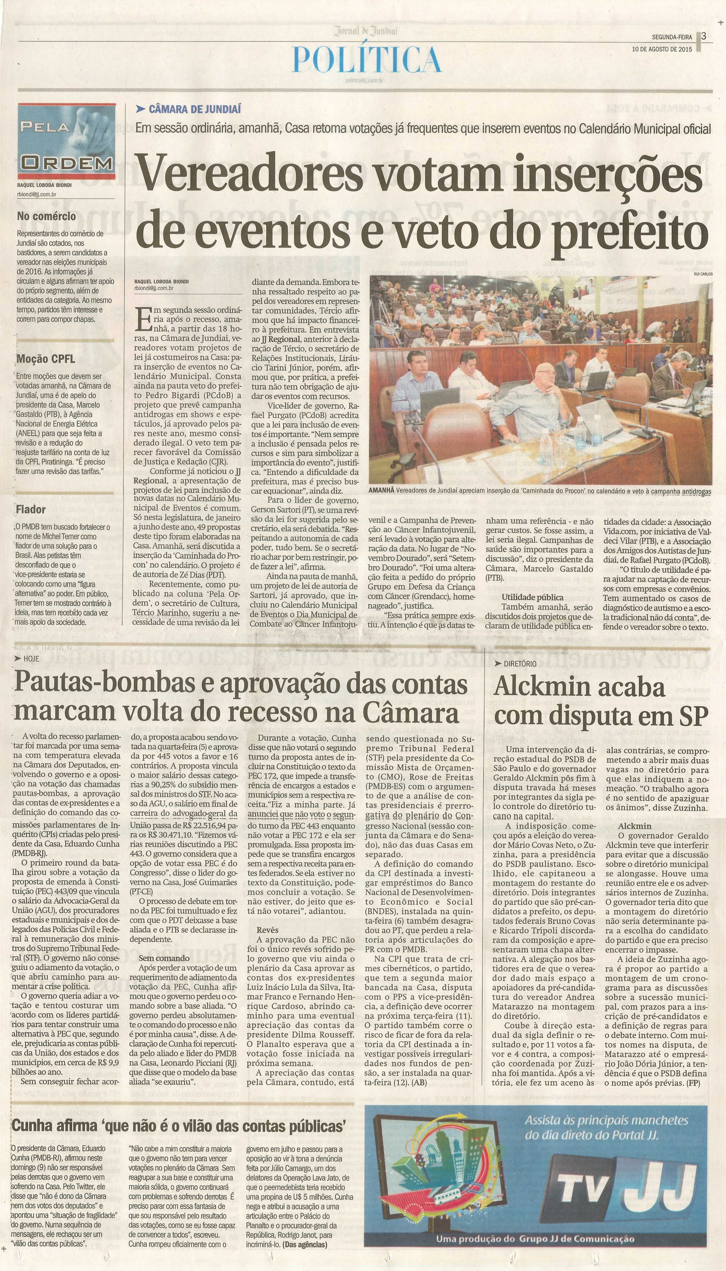 JJ - 10/08/15 - pg 3 - política - Vereadores votam inserções de eventos e veto do prefeito - 