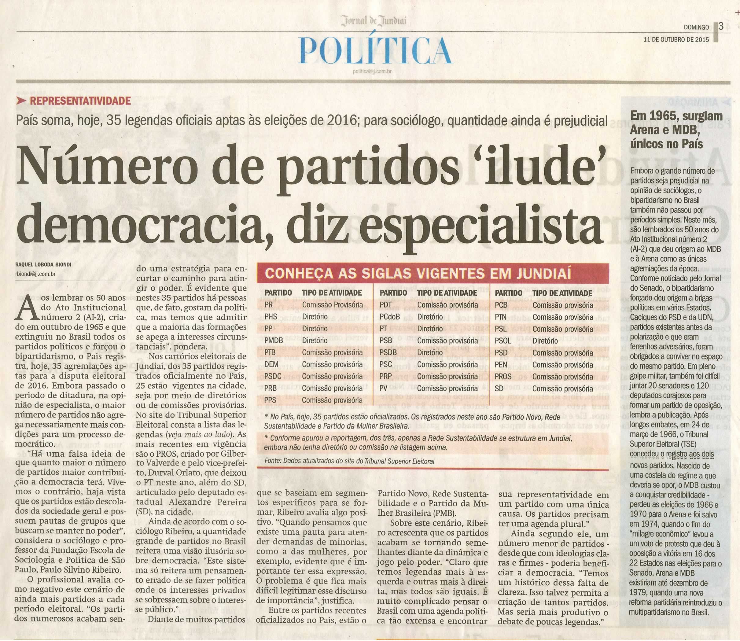  JJ - 11/10/15 - pg 3 - Política - Número de partidos 'ilude' democracia, diz especialista.