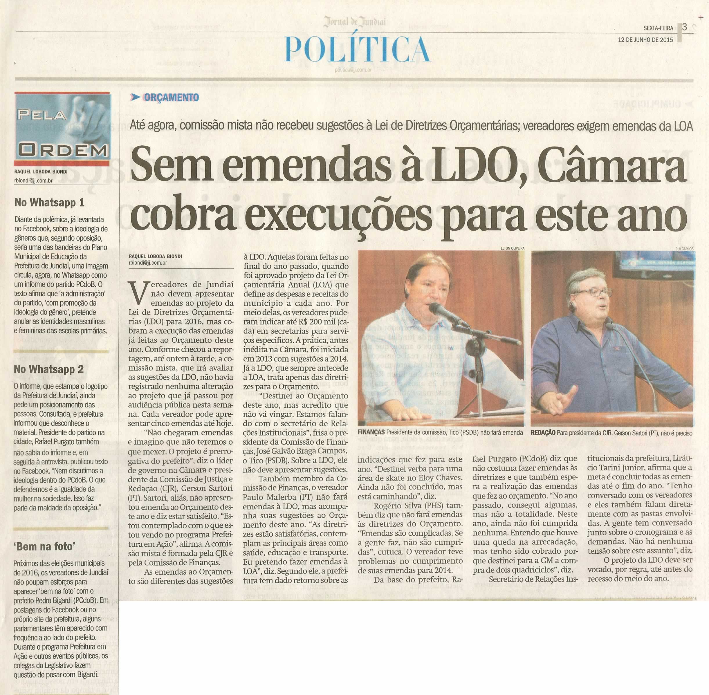 JJ - 12/06/15 - pg 3 - política - Sem emendas à LDO, Câmara cobra execuções para este ano - 