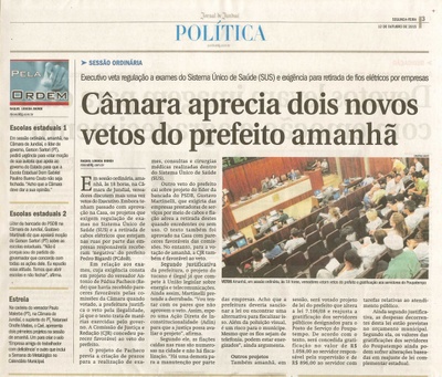  JJ - 12/10/15 - pg 3 - Política - Câmara aprecia dois novos vetos do prefeito amanhã - Pela Ordem.