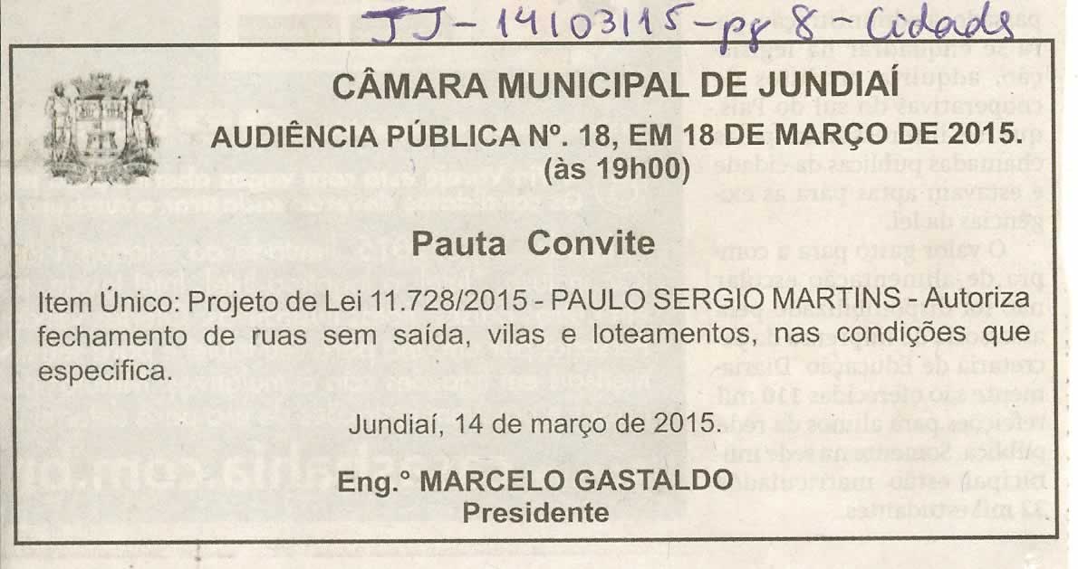 JJ - 14/03/15 - pg 8 - Cidades - Audiência Pública nº 18 da Câmara Municipal de Jundiaí -