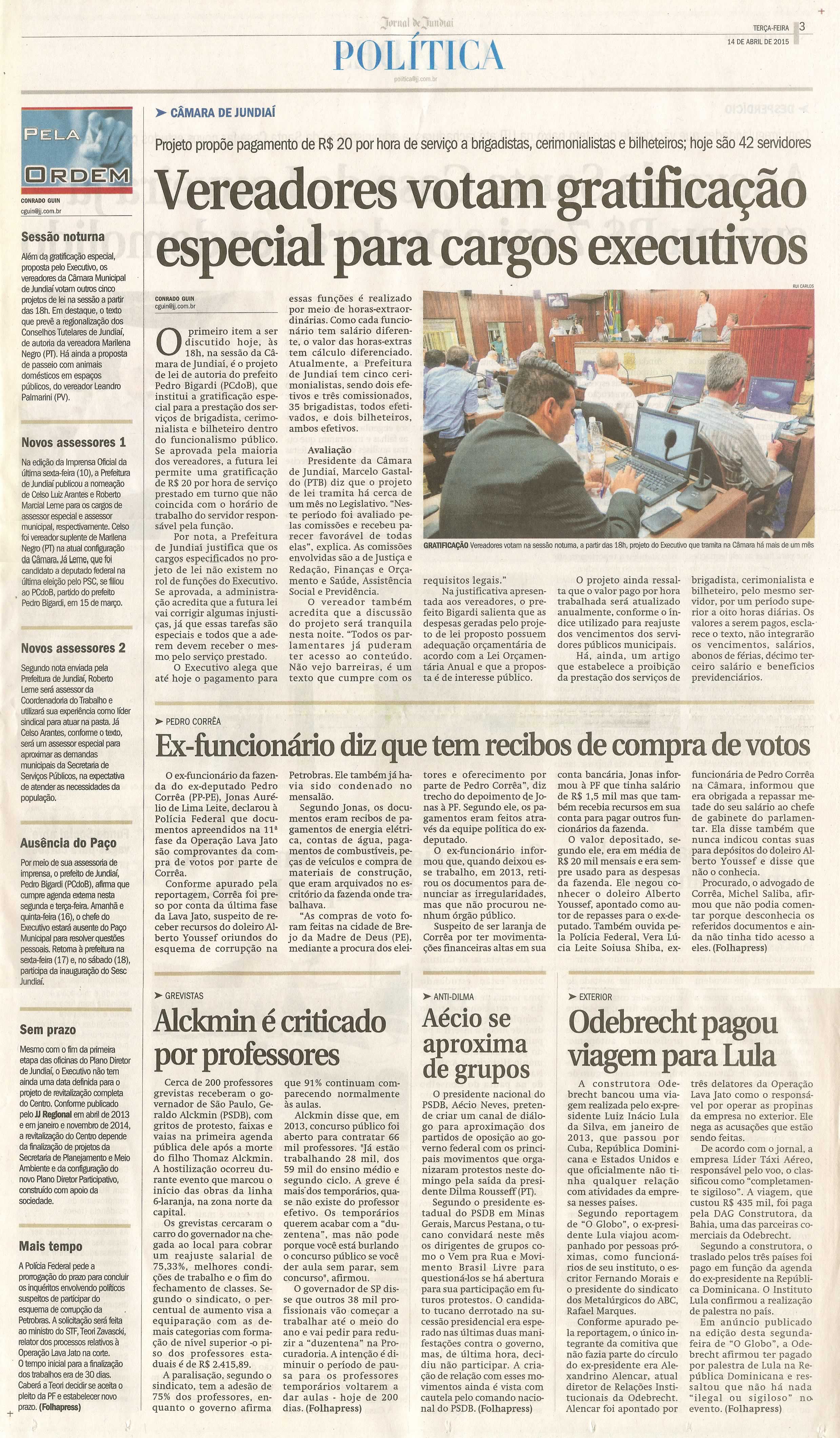JJ - 14/04/15 - pg 3 - política - Vereadores votam gratificação especial para cargos executivos - 