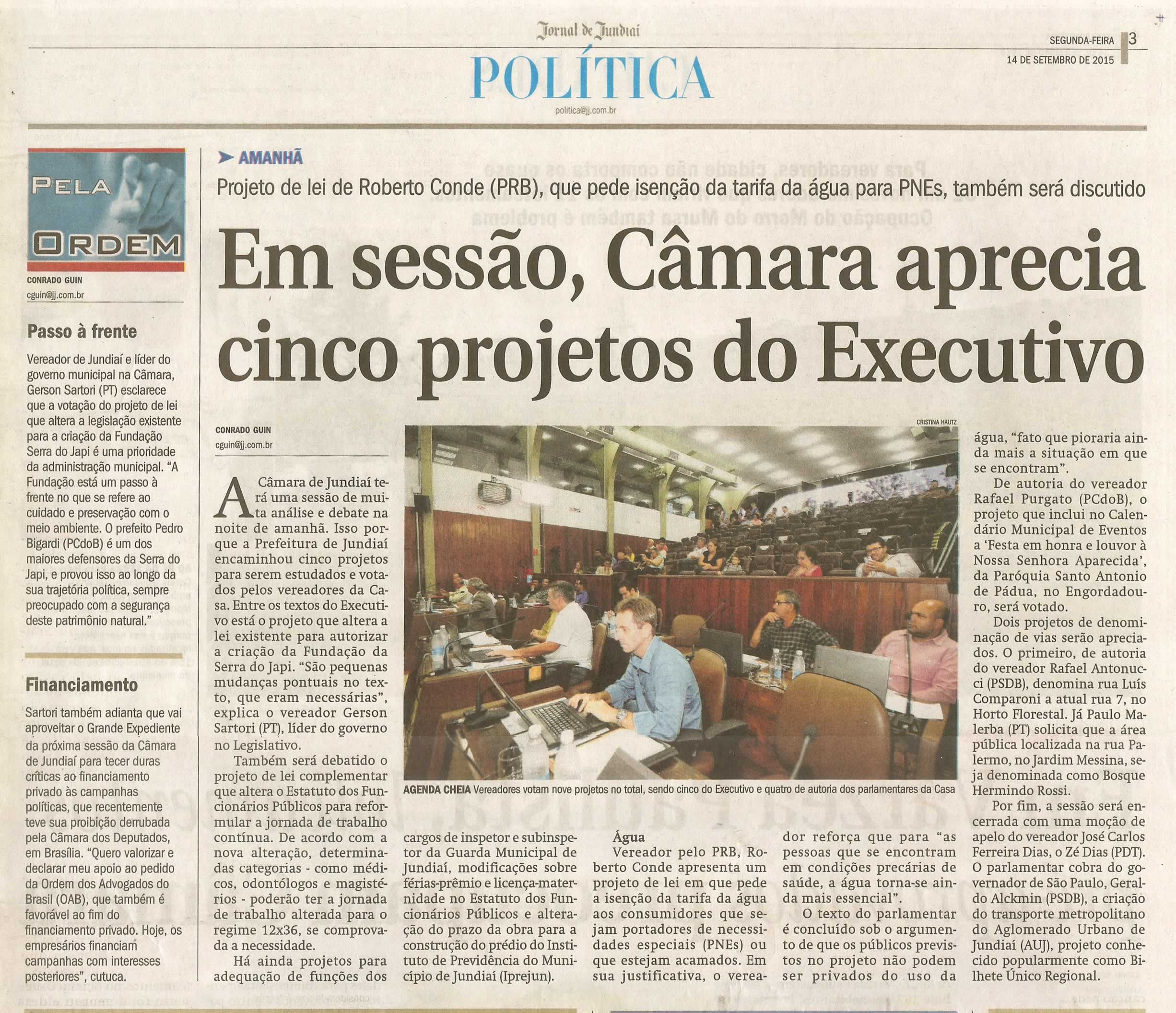  JJ - 14/09/15 - pg 3 - Política - Em sessão, Câmara aprecia cinco projetos do Executivo - Pela Ordem.