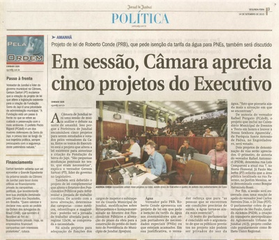  JJ - 14/09/15 - pg 3 - Política - Em sessão, Câmara aprecia cinco projetos do Executivo - Pela Ordem.