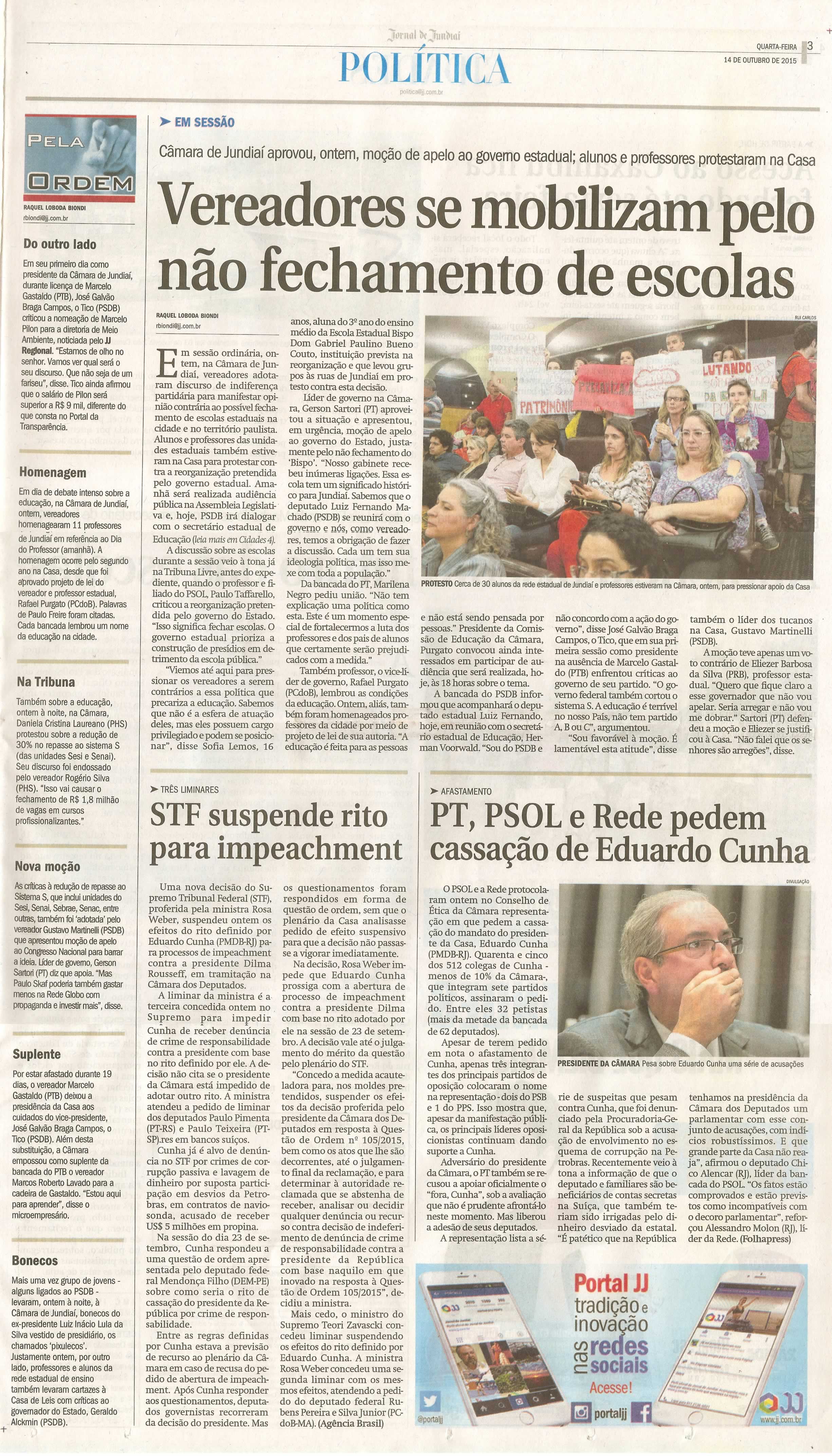  JJ - 14/10/15 - pg 3 - Política - Vereadores se mobilizam pelo não fechamento de escolas - Pela Ordem.