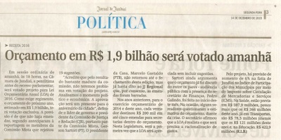  JJ - 14/12/15 - pg 3 - Política - Orçamento em R$1,9 bilhão será votado amanhã.
