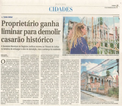JJ - 15/02/15 - pg 5 - cidades - Proprietário ganha liminar para demolir casarão histórico -