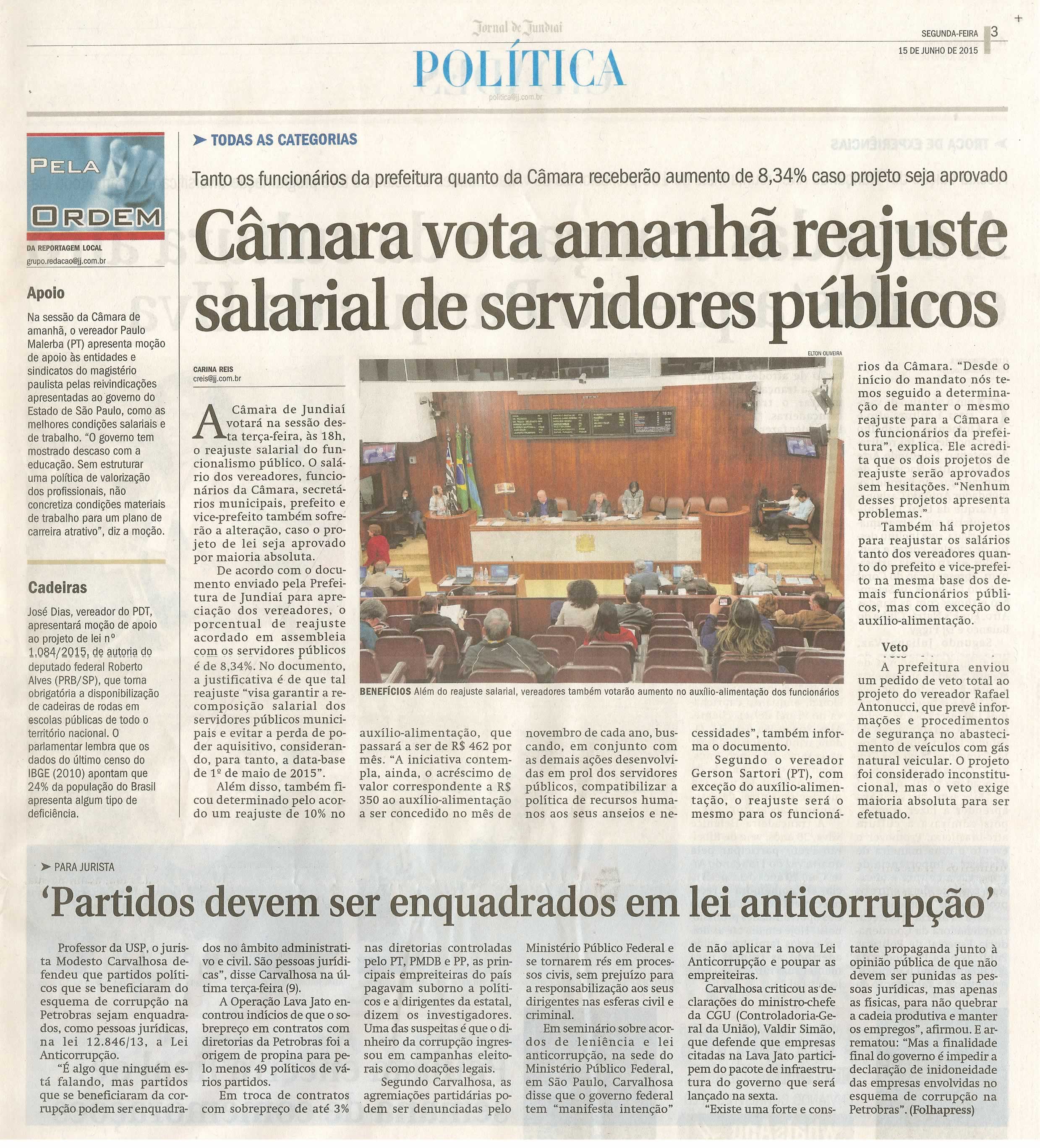 JJ - 15/06/15 - pg 3 - política - Câmara vota amanhã reajuste salarial de servidores públicos - 