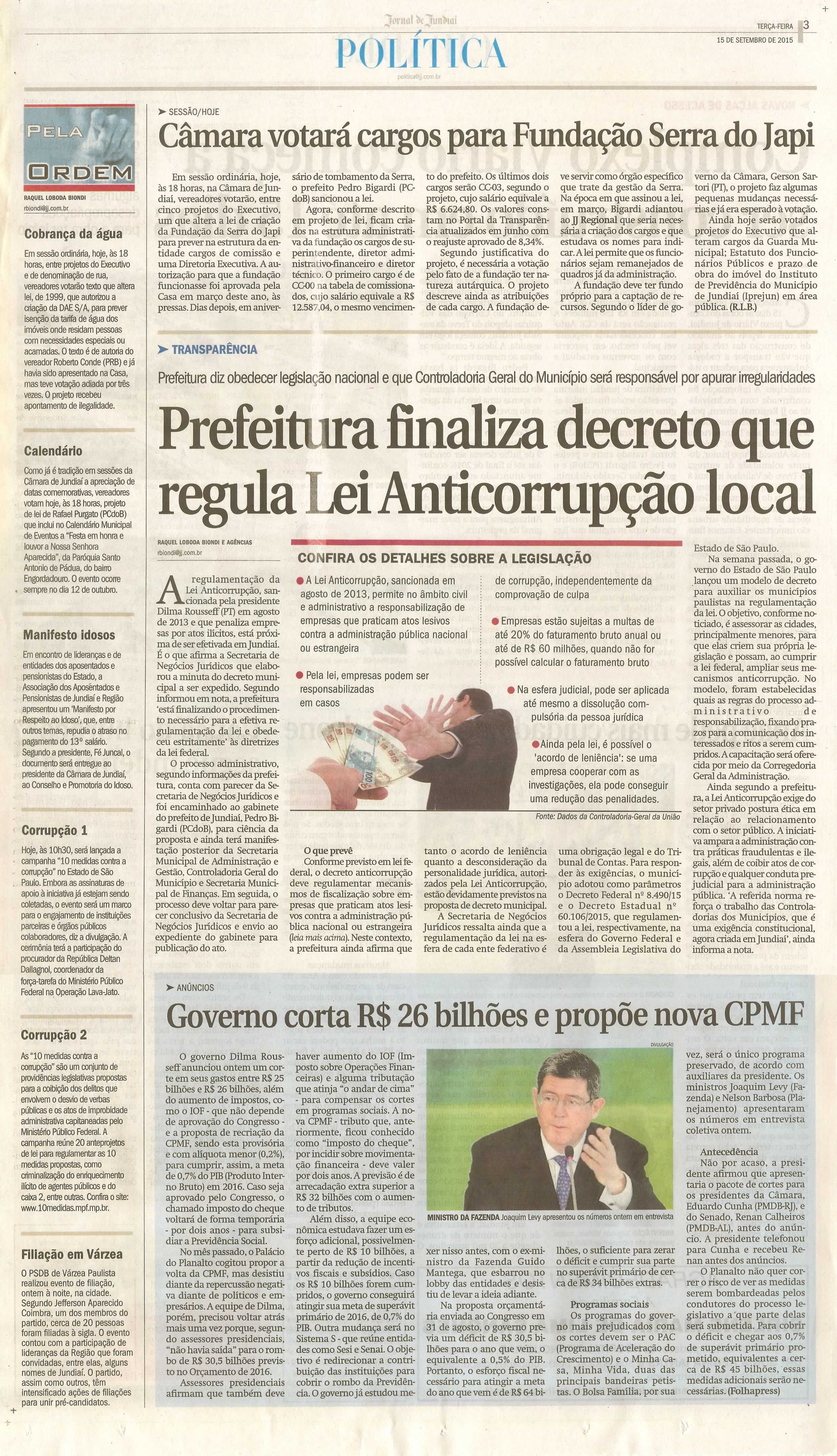  JJ - 15/09/15 - pg 3 - Política - Câmara votará cargos para Fundação Serra do Japi - Pela Ordem.