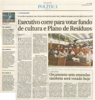  JJ - 15/12/15 - pg 3 - Política - Executivo corre para votar fundo de cultura e Plano de Resíduos - Orçamento sem emendas também será votado hoje - Pela Ordem.