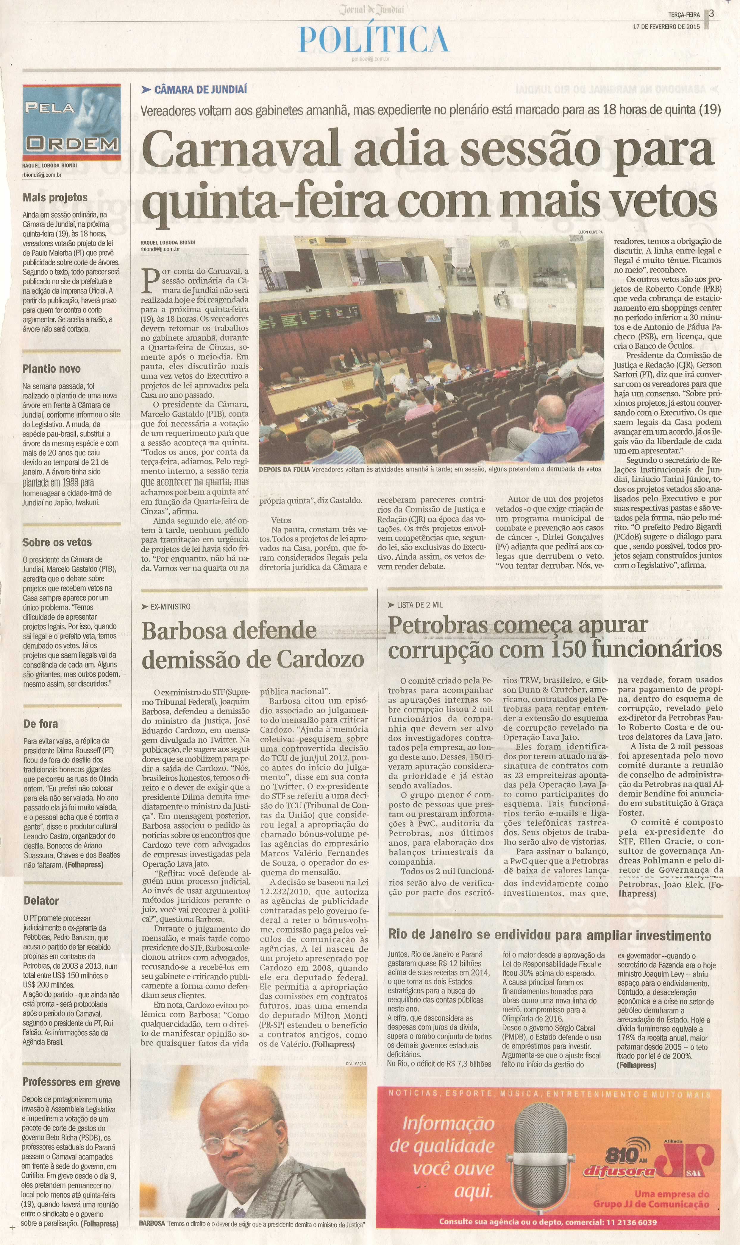 JJ - 17/02/15 - pg 3 - política - Carnaval adia sessão para quinta-feira com mais vetos -