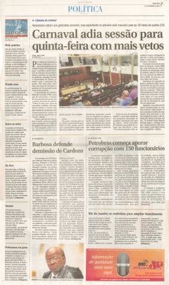 JJ - 17/02/15 - pg 3 - política - Carnaval adia sessão para quinta-feira com mais vetos -