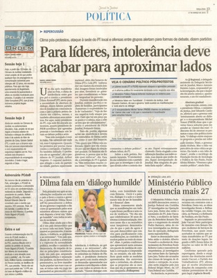 JJ - 17/03/15 - pg 3 - política - Para líderes, intolerância deve acabar para aproximar lados - 