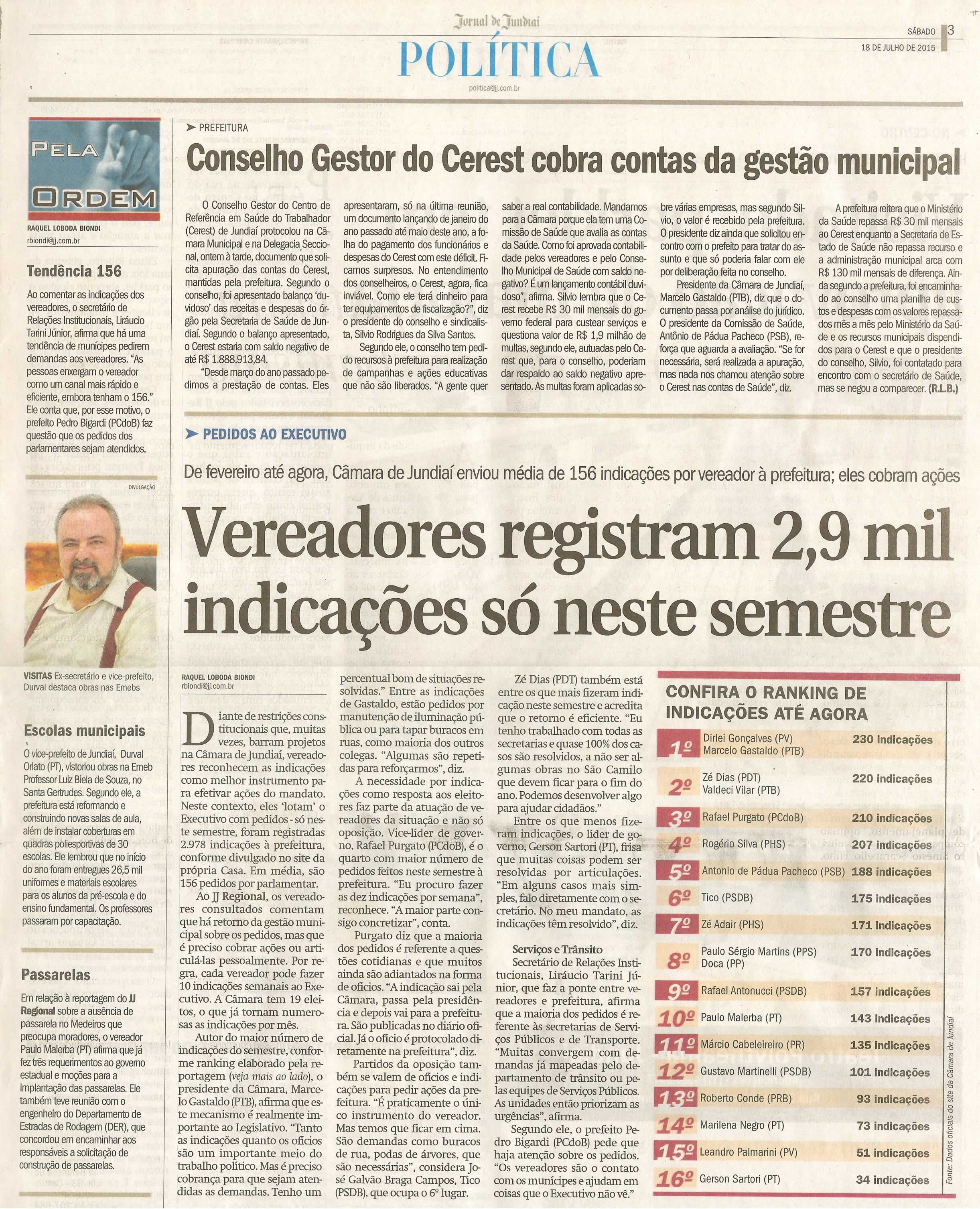 JJ - 18/07/15 - pg 3 - política - Vereadores registram 2,9 mil indicações só neste semestre -