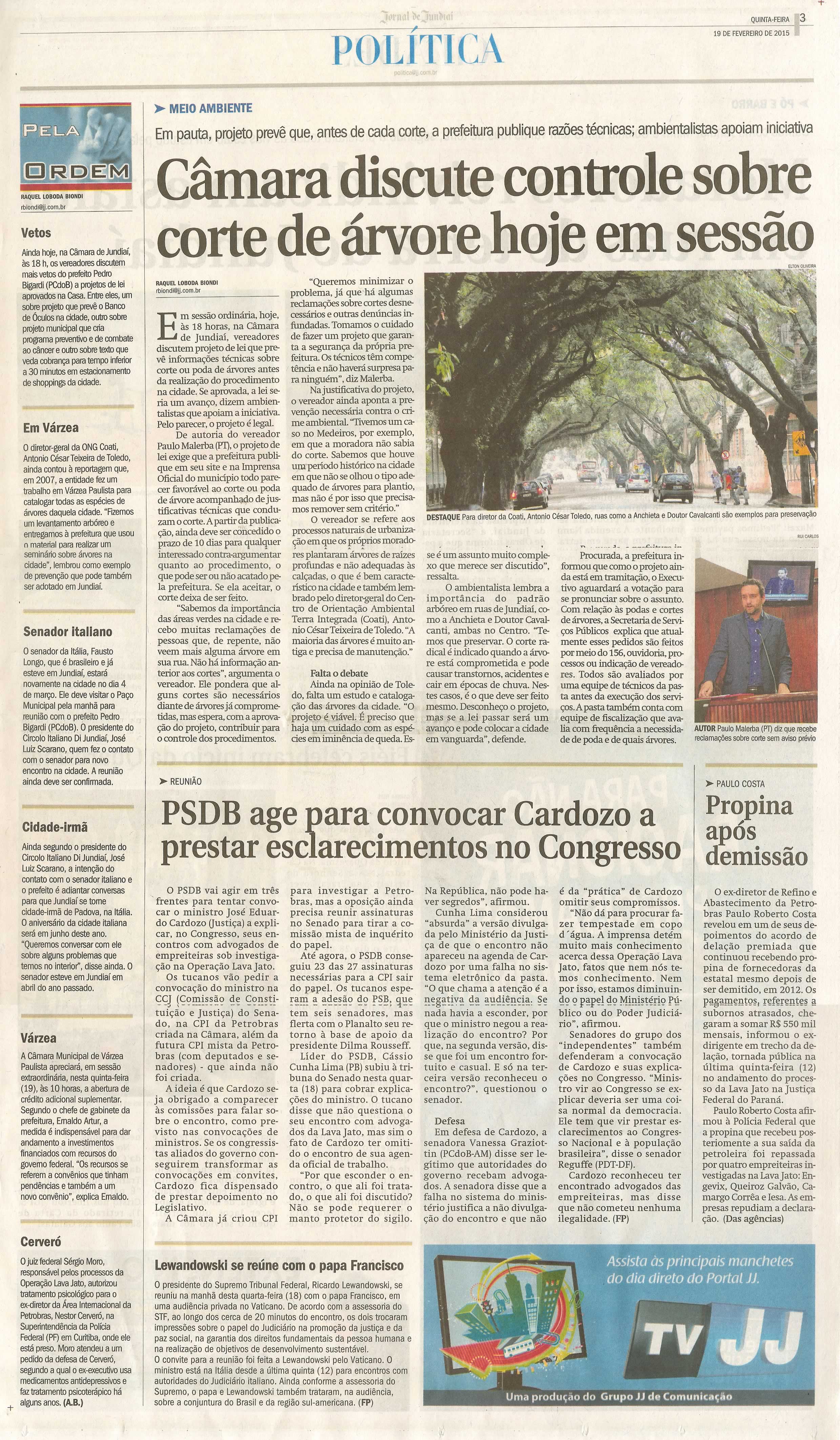 JJ - 19/02/15 - pg 3 - política - Câmara discute controle sobre corte de árovre hoje em sessão -