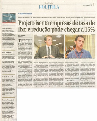  JJ - 19/12/15 - pg 3 - Política - Projeto isenta empresas de taxa de lixo e redução pode chegar a 15% - Pela Ordem.