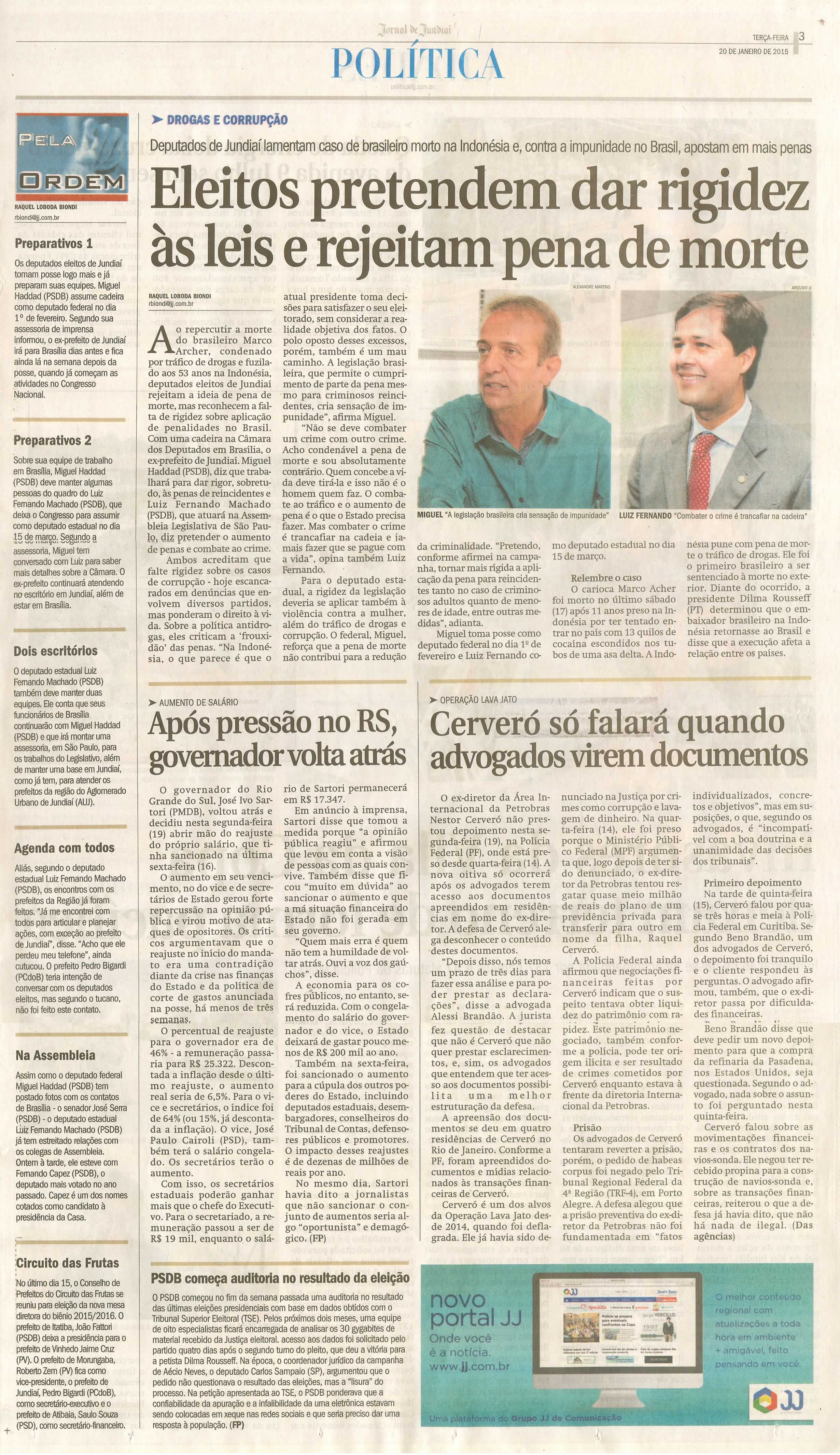 JJ - 20/01/15 - pg 3 - Política - Eleitos pretendem dar rigidez às leis rejeitam pena de morte -