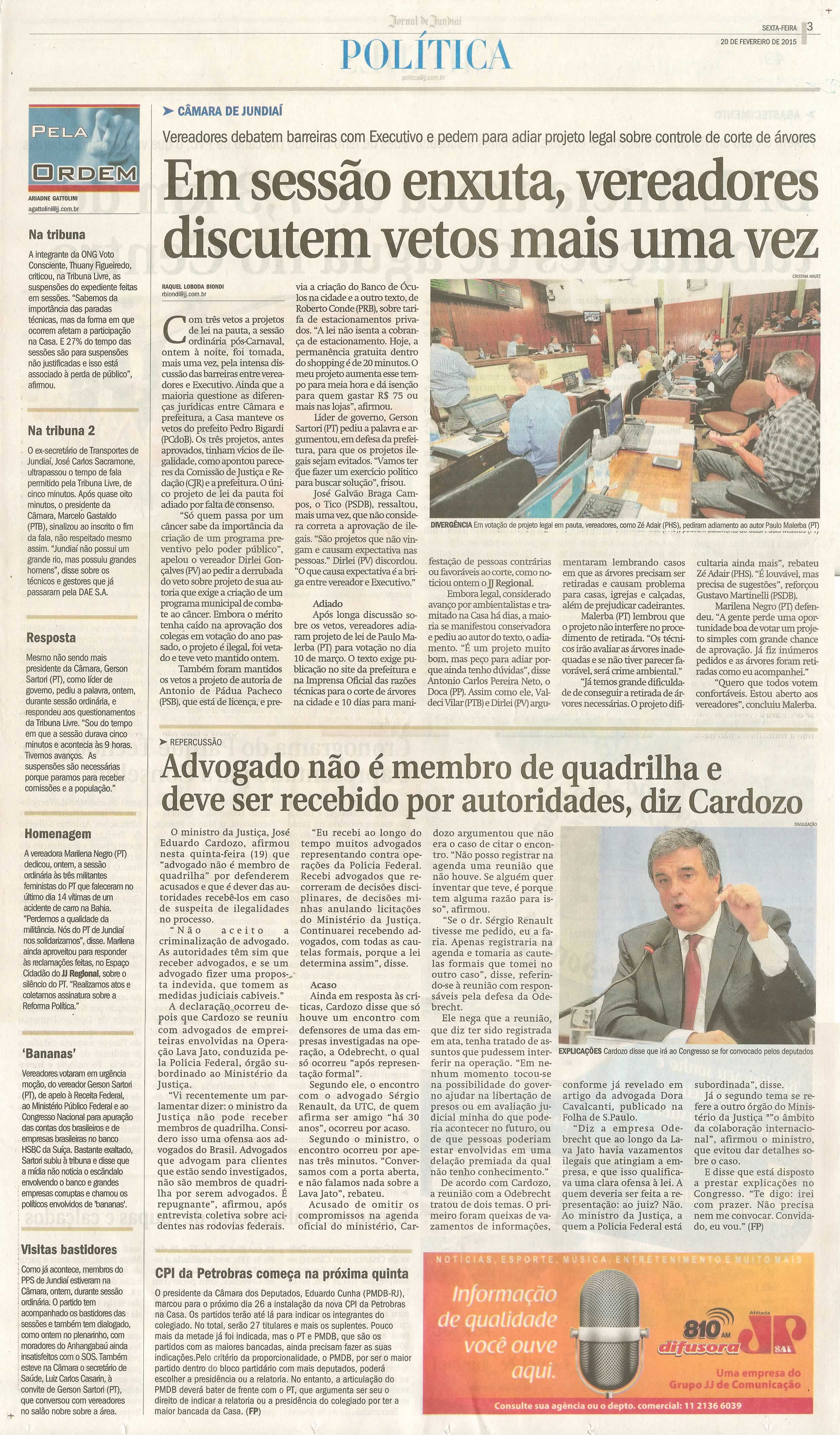 JJ - 20/02/15 - pg 3 - política - Em sessão enxuta, vereadores discutem vetos mais uma vez- 