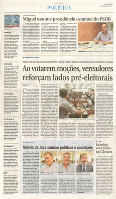 JJ - 21/10/15 - pg 3 - política - Miguel assume presidência estadula do PSDB - Ao votarem moções, vereadores reforçam lados pré-eleitorais -
