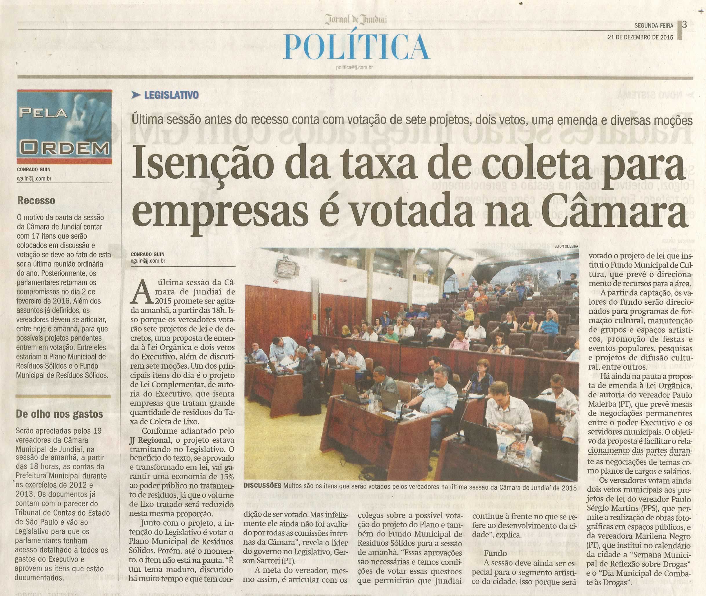  JJ - 21/12/15 - pg 3 - Política - Isenção da taxa de coleta para empresas é votada na Câmara - Pela Ordem.