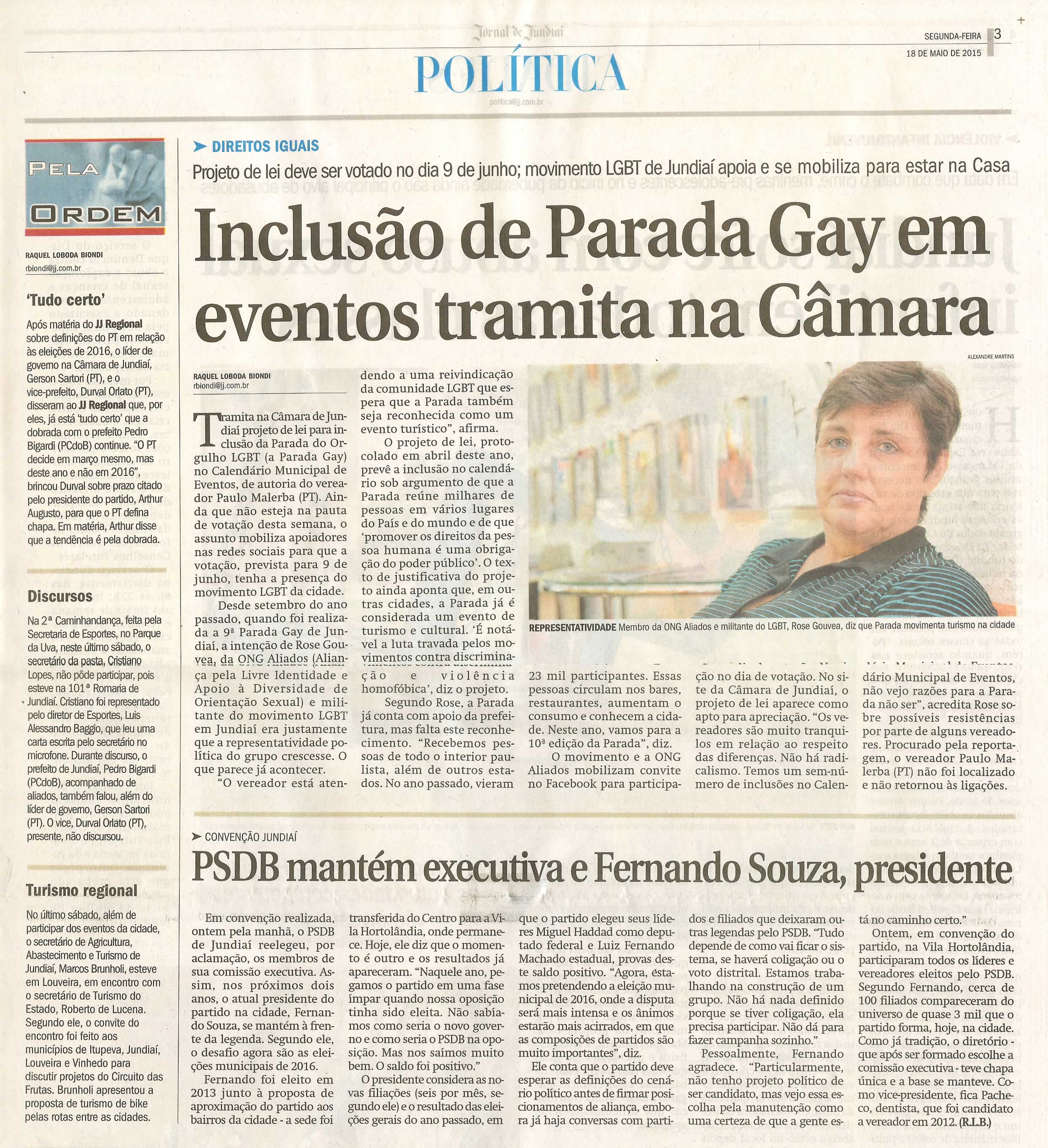 JJ - 18/05/15 - pg 3 - política - Inclusão de Parada Gay em eventos tramita na Câmara - pela ordem