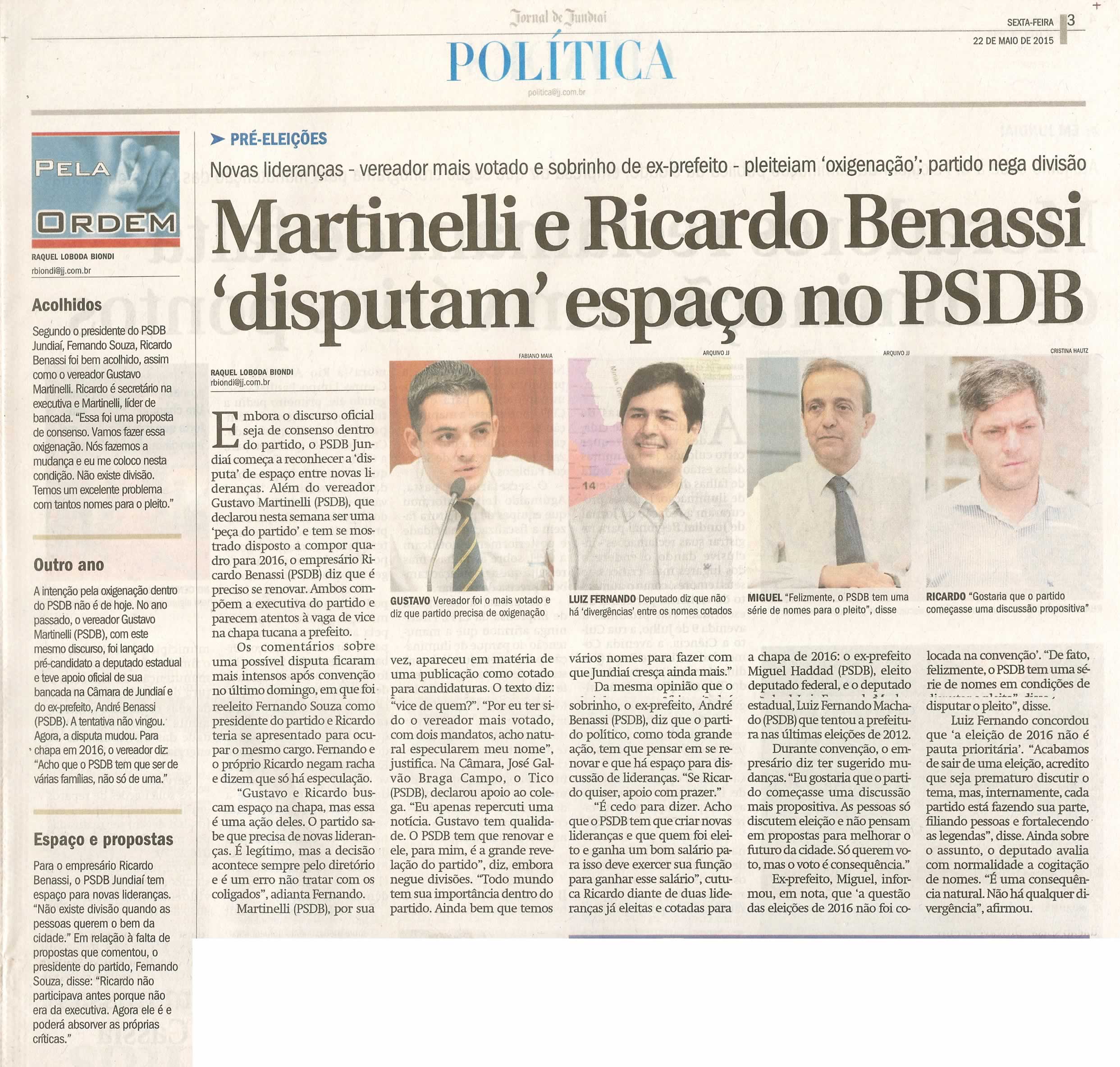  JJ - 22/05/15 - pg 3 - política - Martinelli e Ricardo Benassi 'disputam' espaço no PSDB - pela ordem