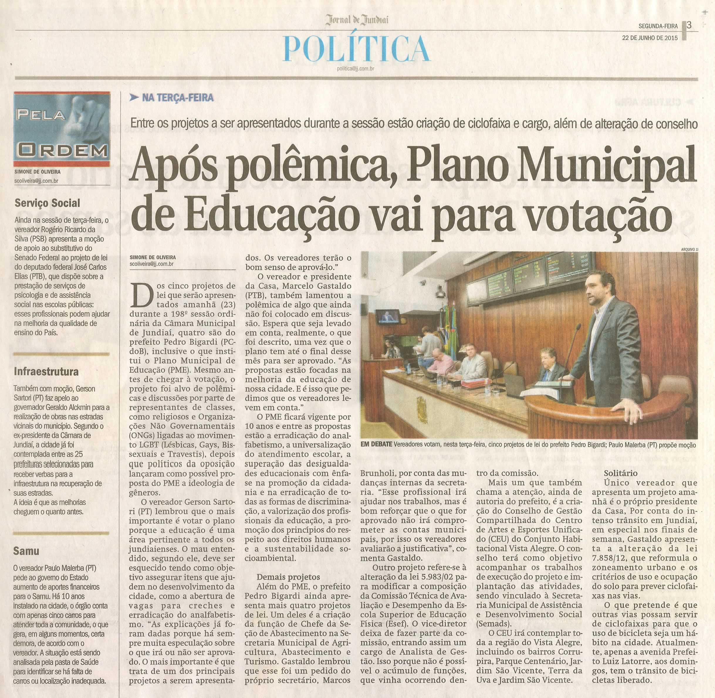 JJ - 22/06/15 - pg 3 - política - Após polêmica, plano municipal de educação vai para votação - 