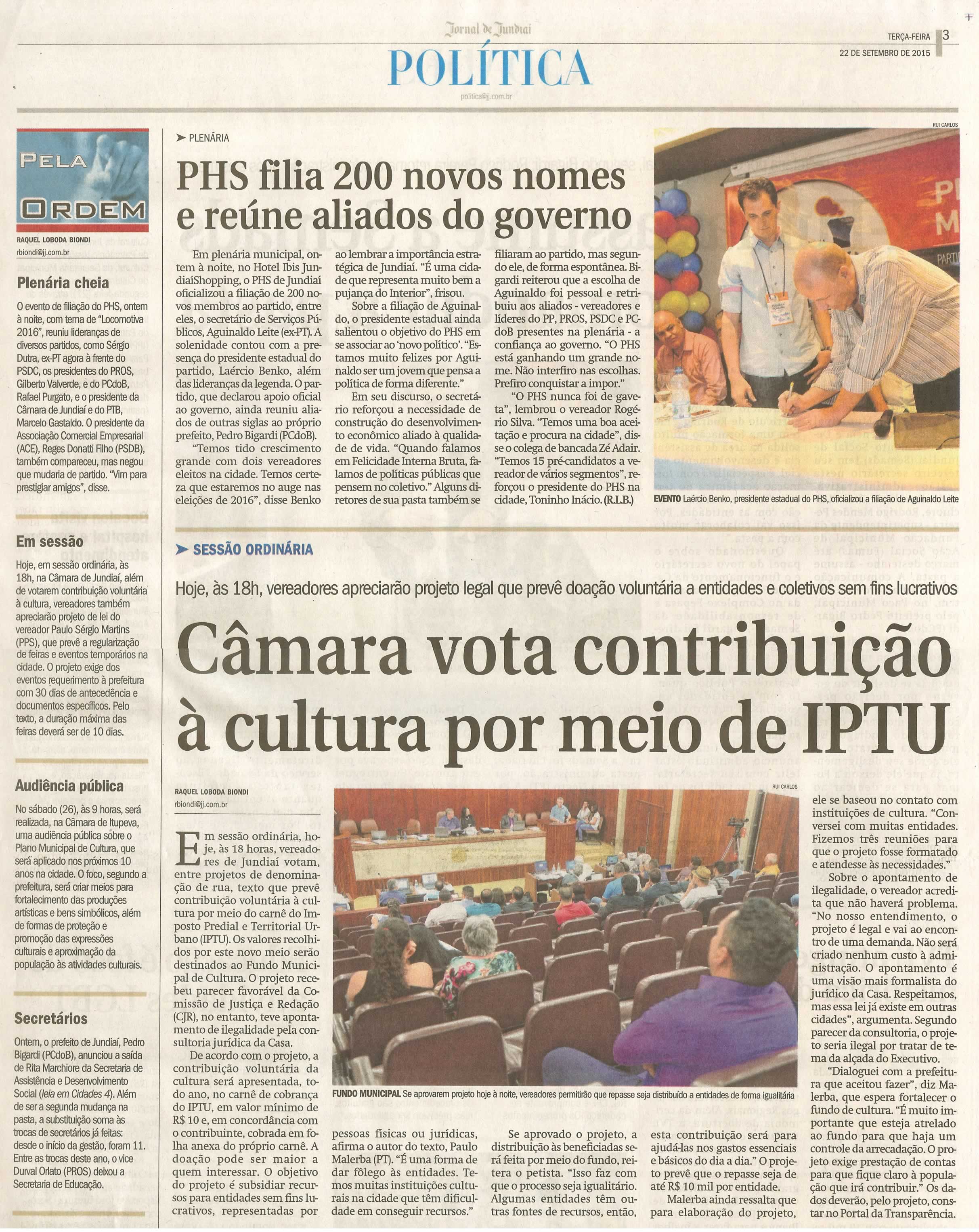  JJ - 22/09/15 - pg 3 - Política - Câmara vota contribuição à cultura por meio de IPTU - Pela Ordem.